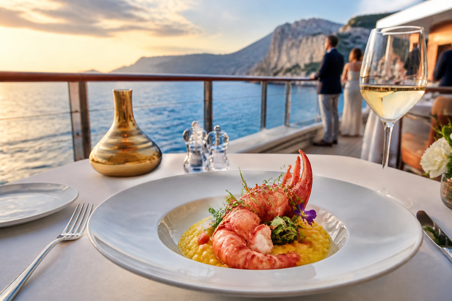 Homard gourmet sur un yacht au coucher du soleil