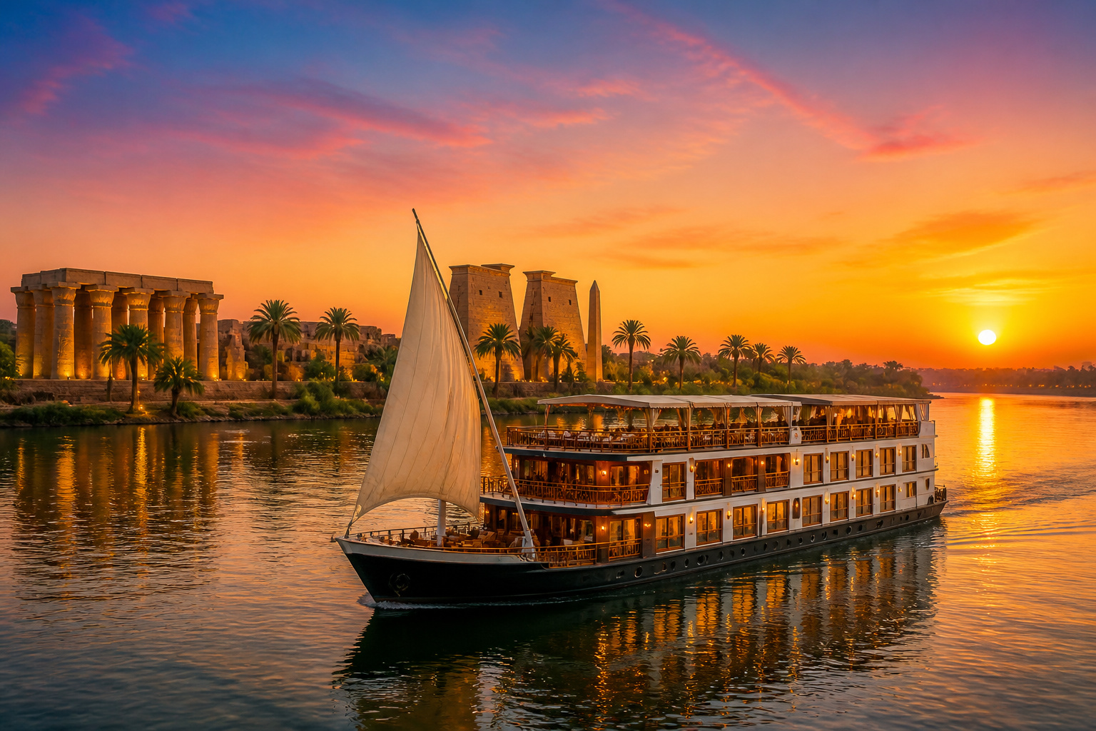 Croisiere luxueuse au coucher du soleil sur le nil