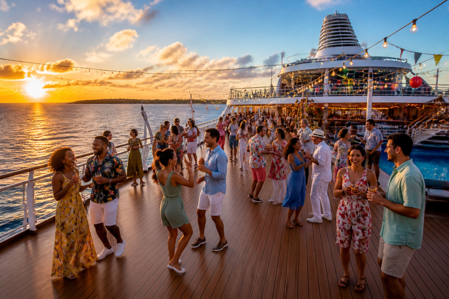 Fete sur le pont dun navire de croisiere au coucher du soleil