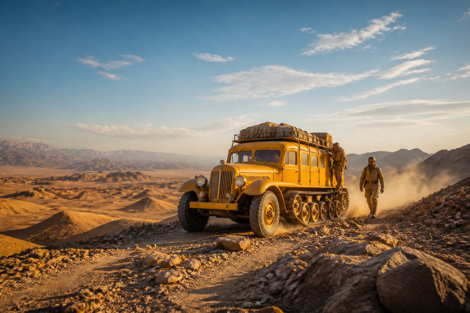 Citroen autochenille jaune dans le desert asiatique