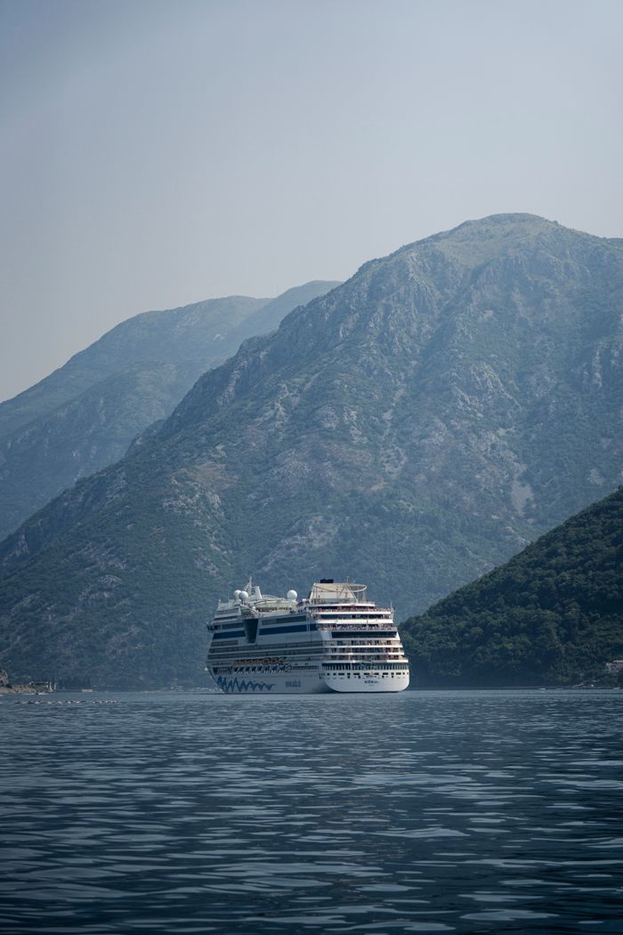 A stunning cruise ship navigating between majestic mountains in tranquil waters.