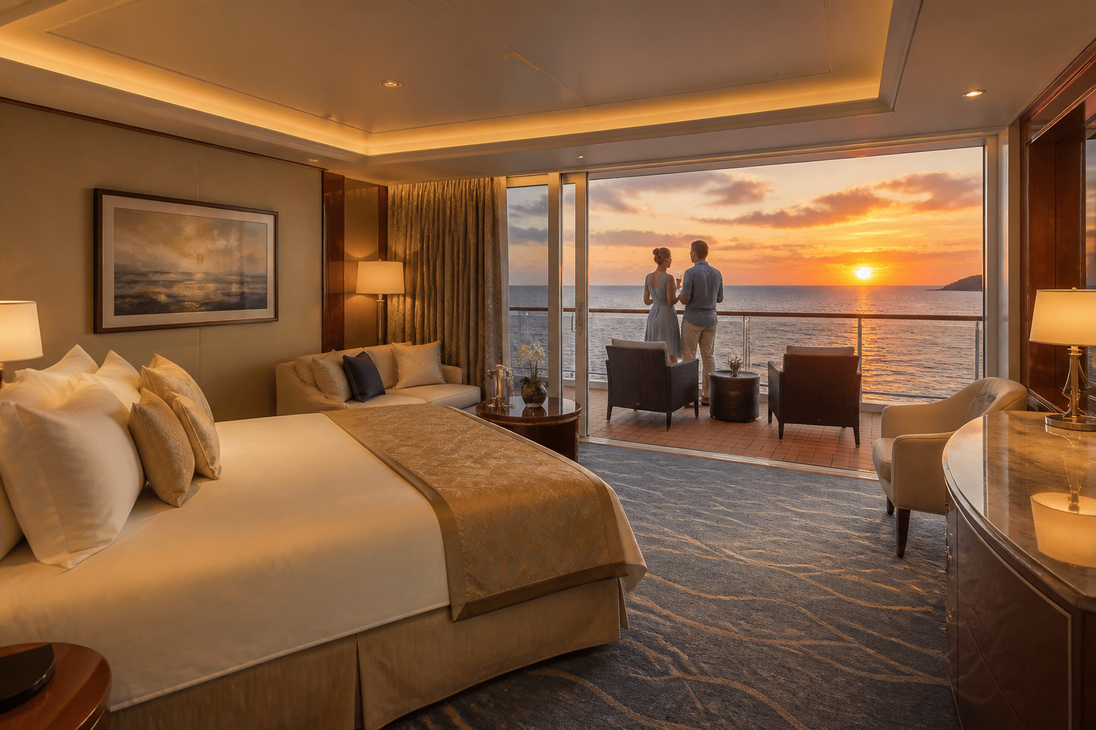 Cabine de luxe sur un bateau de croisiere au coucher du soleil